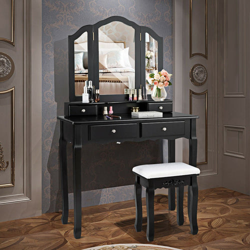Tri Folding Mirror Vanity Table Stool Set with 4 Drawers and Cushioned Stool, Black