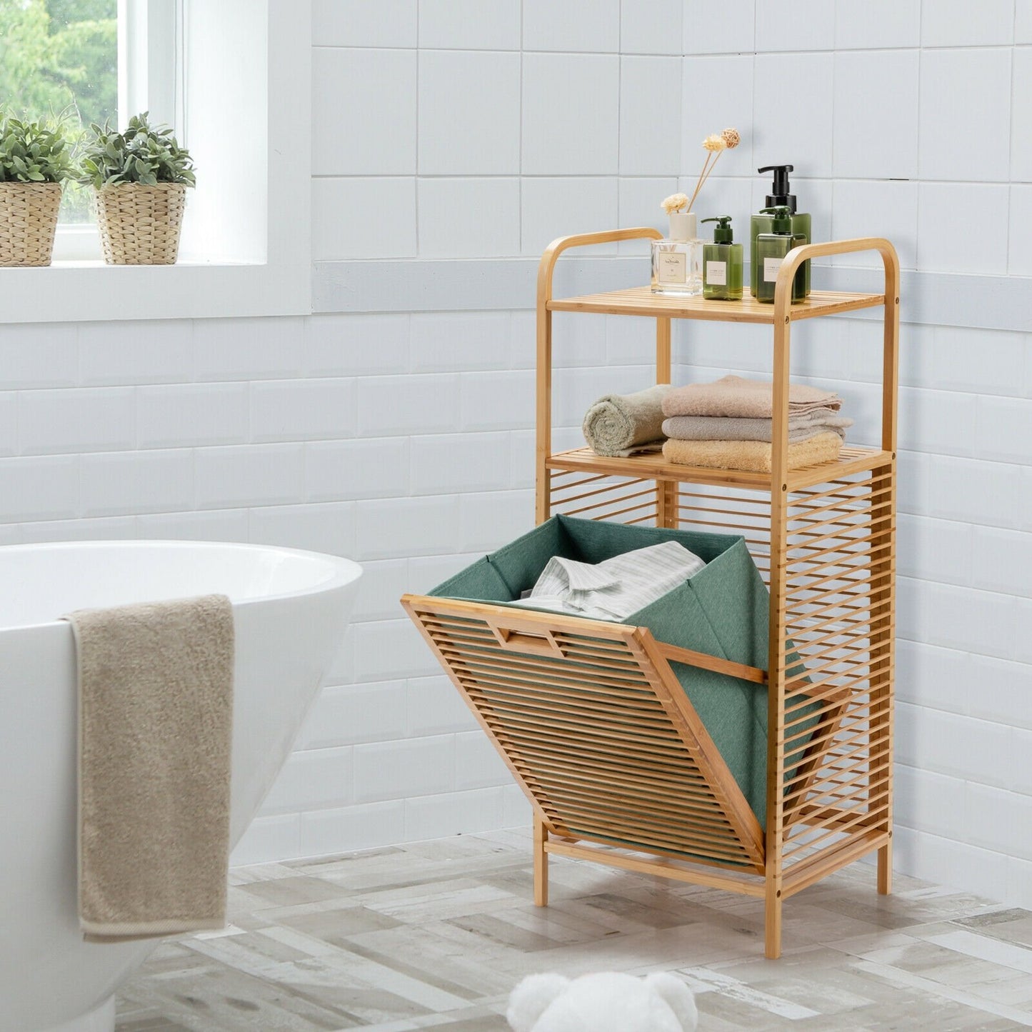 Tilt-out Bamboo Laundry Hamper  with 2-Tier Shelf and Removable Liner, Natural at Gallery Canada