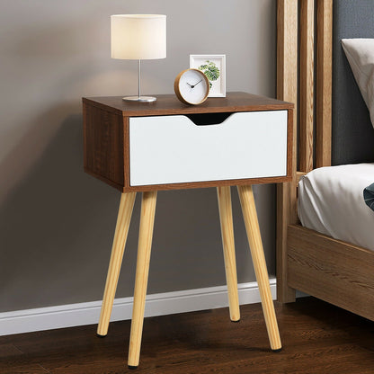 End Side Storage Drawer Nightstand with Solid Wooden Leg, Brown - Gallery Canada