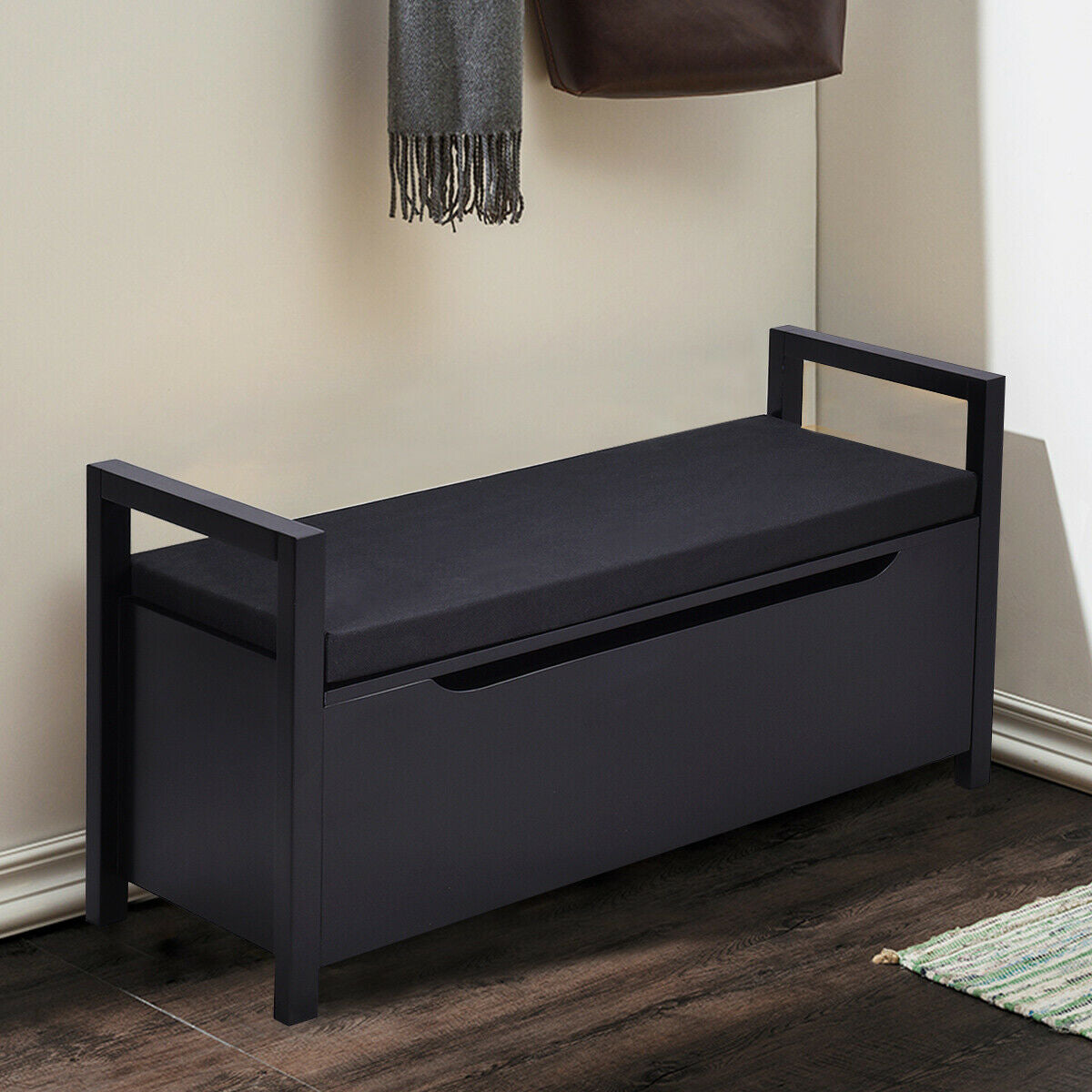 Shoe Storage Bench, 34.5 ×15.5 ×19.5 Inch, With Cushion Seat, Black