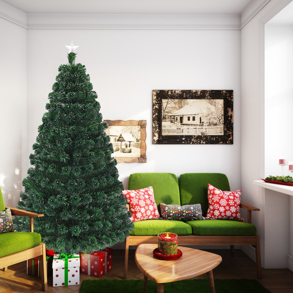 5/6/7 Feet Multicolor Artificial Christmas Tree with LED Light and Metal Stand-7 Feet, Green Christmas Tree at Gallery Canada