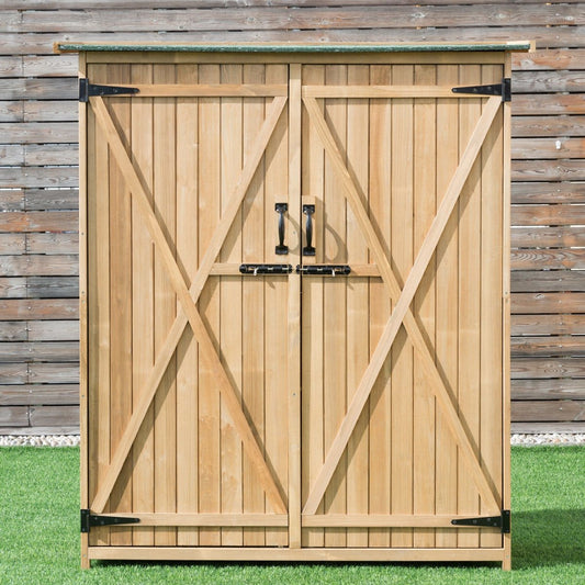 64 Inch Outdoor Wooden Storage Shed with Double Lockable Doors for Backyard, Natural - Gallery Canada