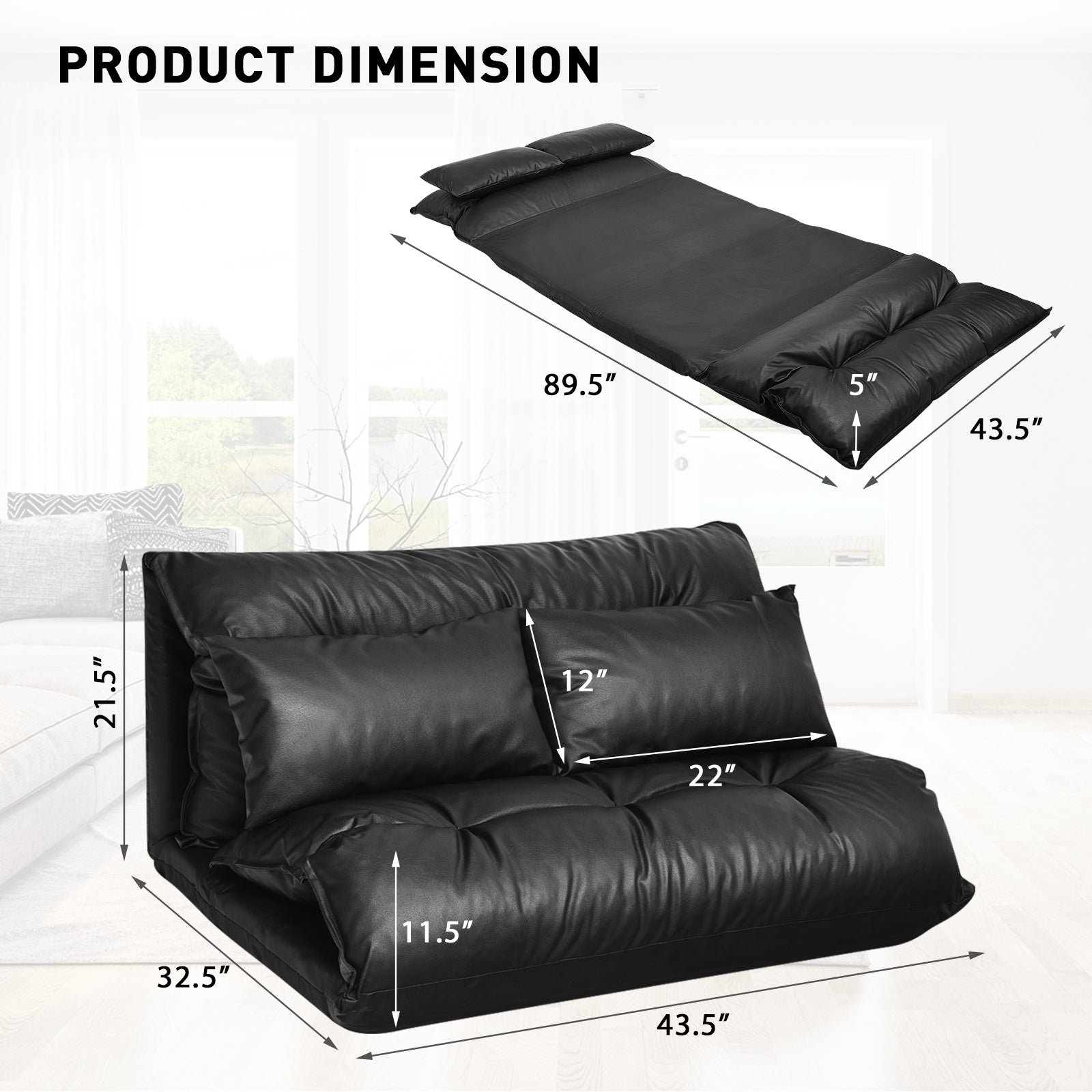 Foldable PU Leather Leisure Floor Sofa Bed with 2 Pillows, Black Floor Chairs at Gallery Canada