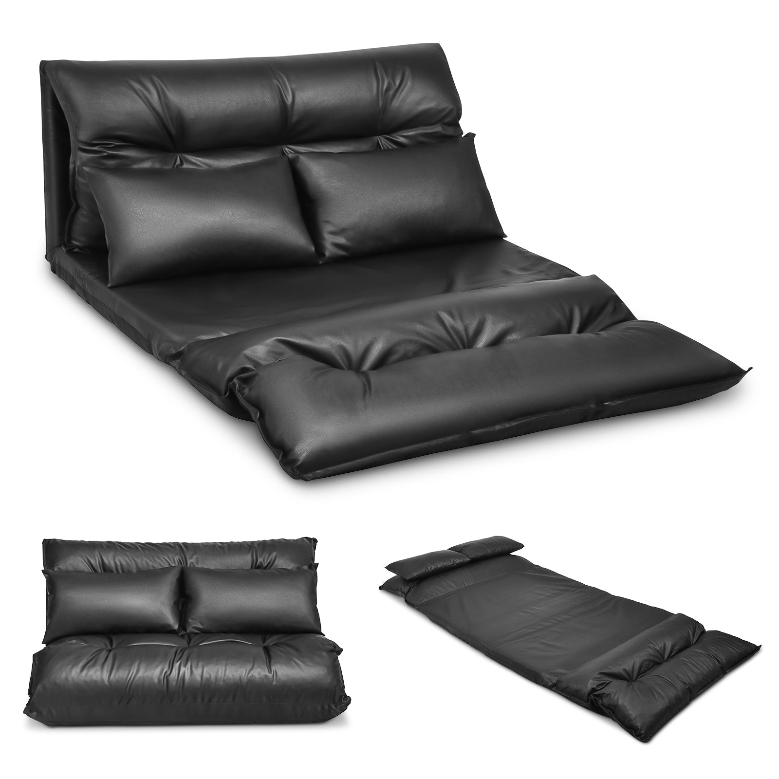 Foldable PU Leather Leisure Floor Sofa Bed with 2 Pillows, Black Floor Chairs at Gallery Canada