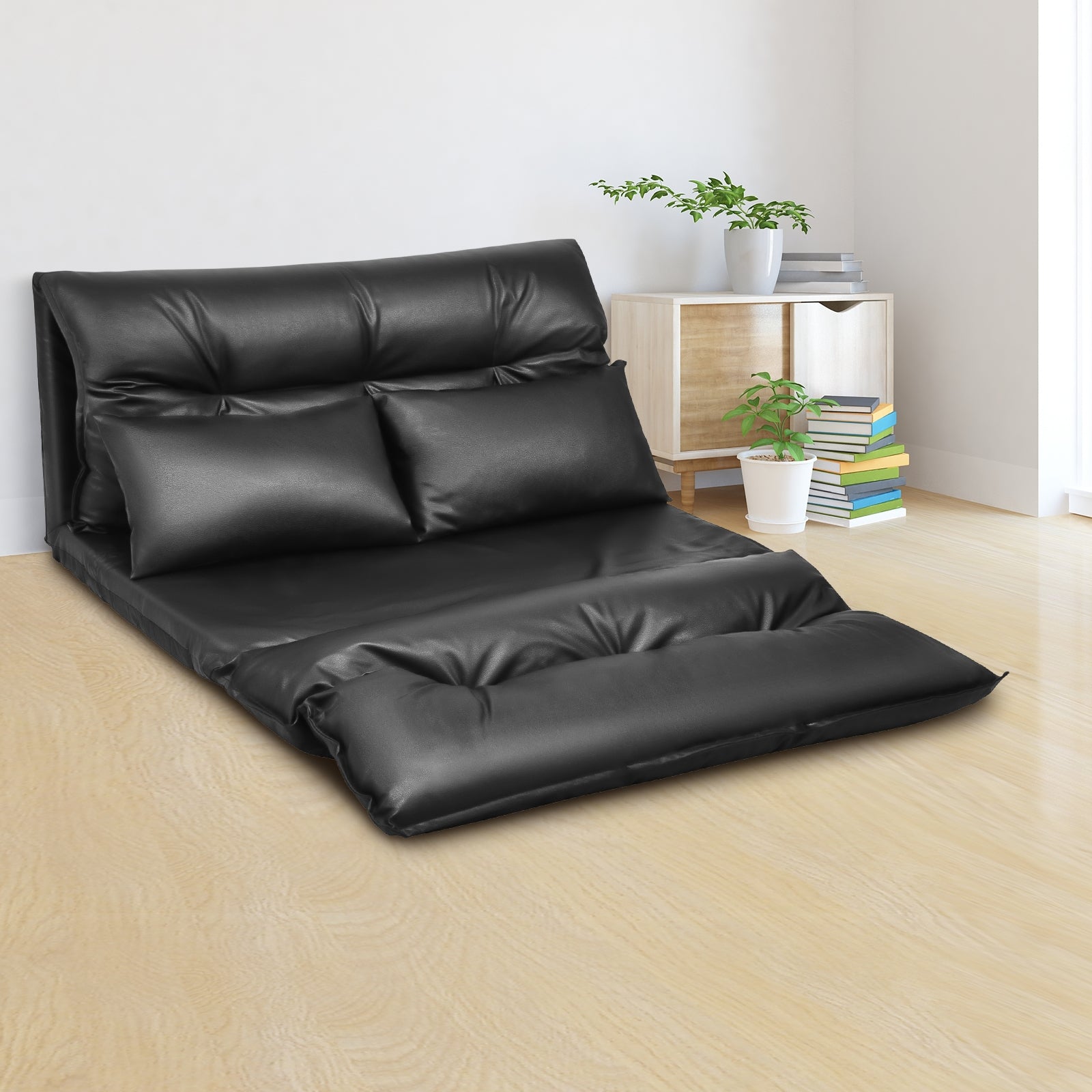 Foldable PU Leather Leisure Floor Sofa Bed with 2 Pillows, Black Floor Chairs at Gallery Canada