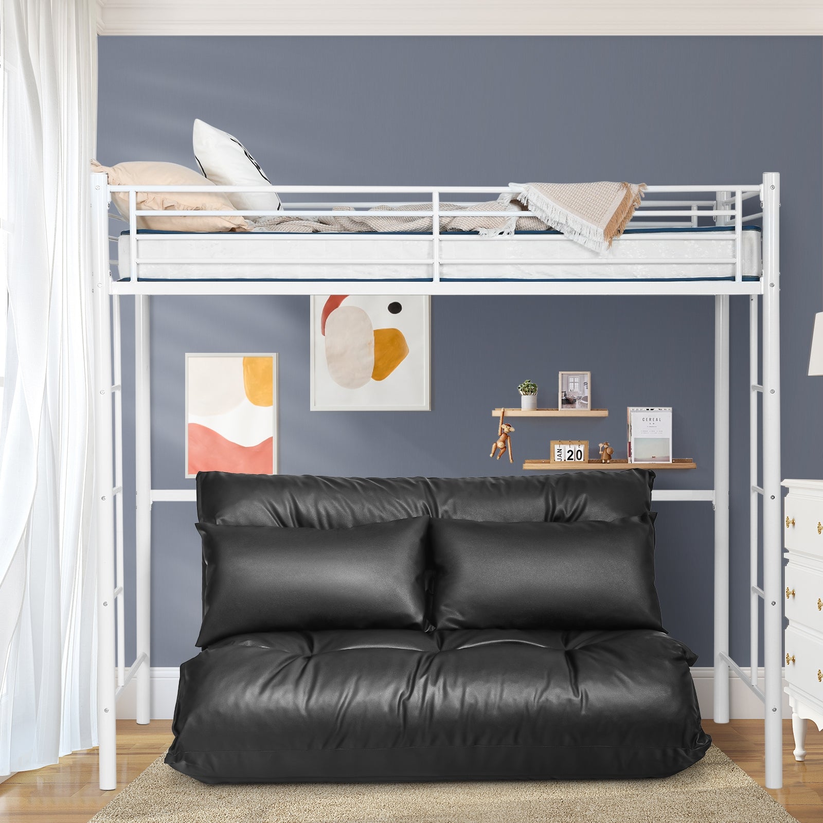 Foldable PU Leather Leisure Floor Sofa Bed with 2 Pillows, Black Floor Chairs at Gallery Canada