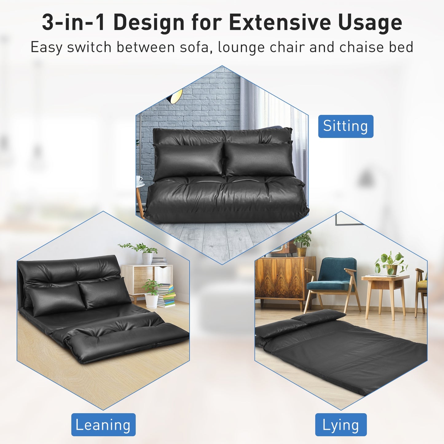 Foldable PU Leather Leisure Floor Sofa Bed with 2 Pillows, Black Floor Chairs at Gallery Canada