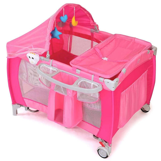 Foldable Baby Crib Playpen w/ Mosquito Net and Bag, Pink