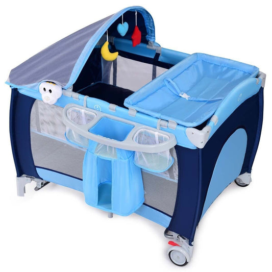Foldable Baby Crib Playpen w/ Mosquito Net and Bag, Blue