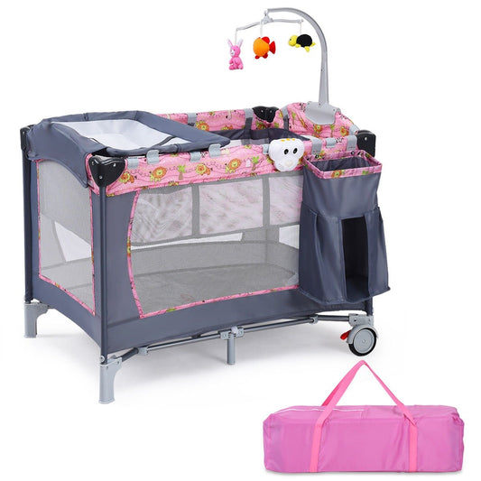 Foldable 2 Color Baby Crib Playpen Playard, Pink