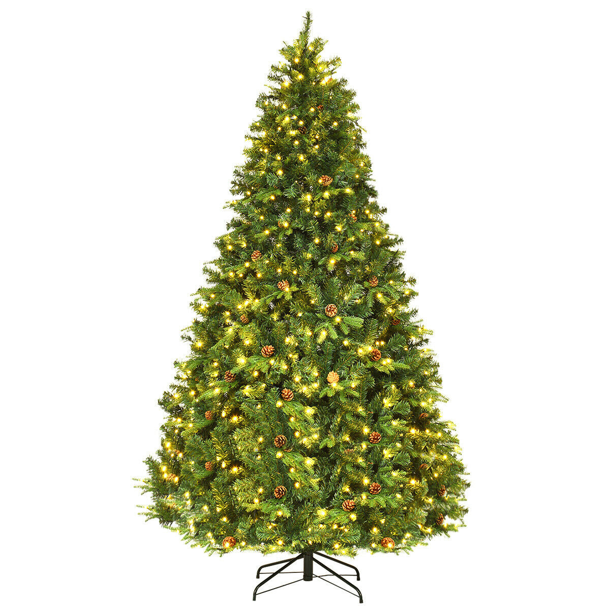 Flocked Artificial Christmas Tree With LED Lights, Pine Cones, 8 ft, Green