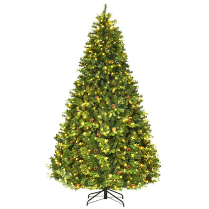 Flocked Artificial Christmas Tree With LED Lights, Pine Cones, 8 ft, Green