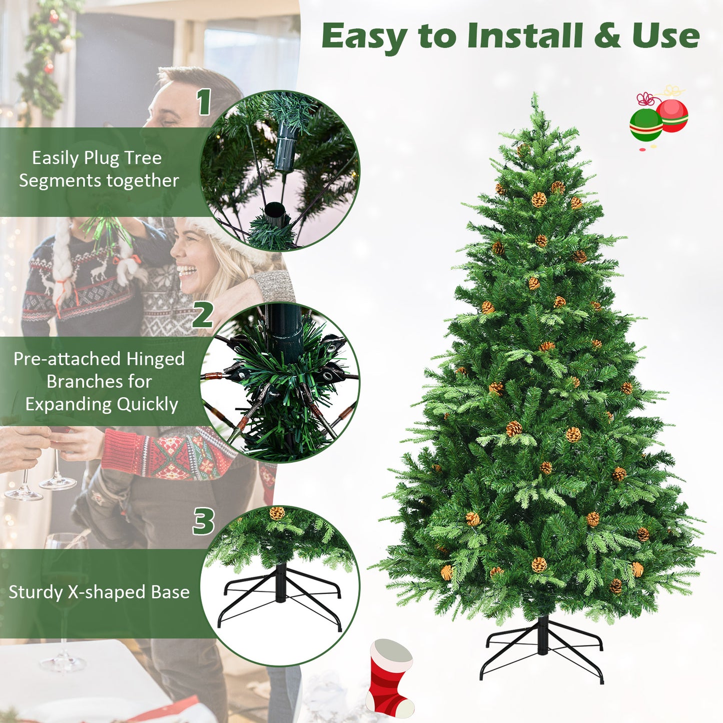 Artificial Christmas Tree With LED Lights, Pine Cones, 7', Green Christmas Tree at Gallery Canada