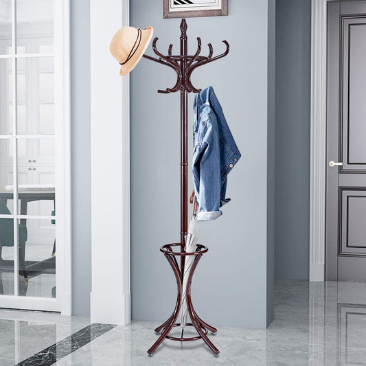 Wood Standing Hat Coat Rack w/ Umbrella Stand, Brown - Gallery Canada