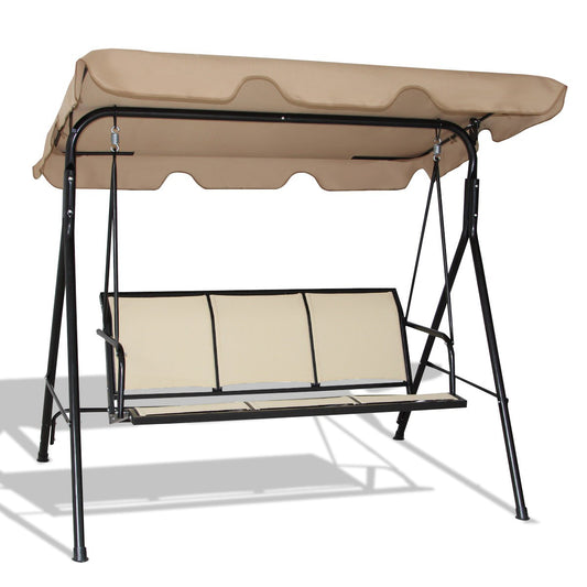 3 Person Steel Frame Patio Swing, Adjustable Canopy, Brown Porch Swings Brown at Gallery Canada