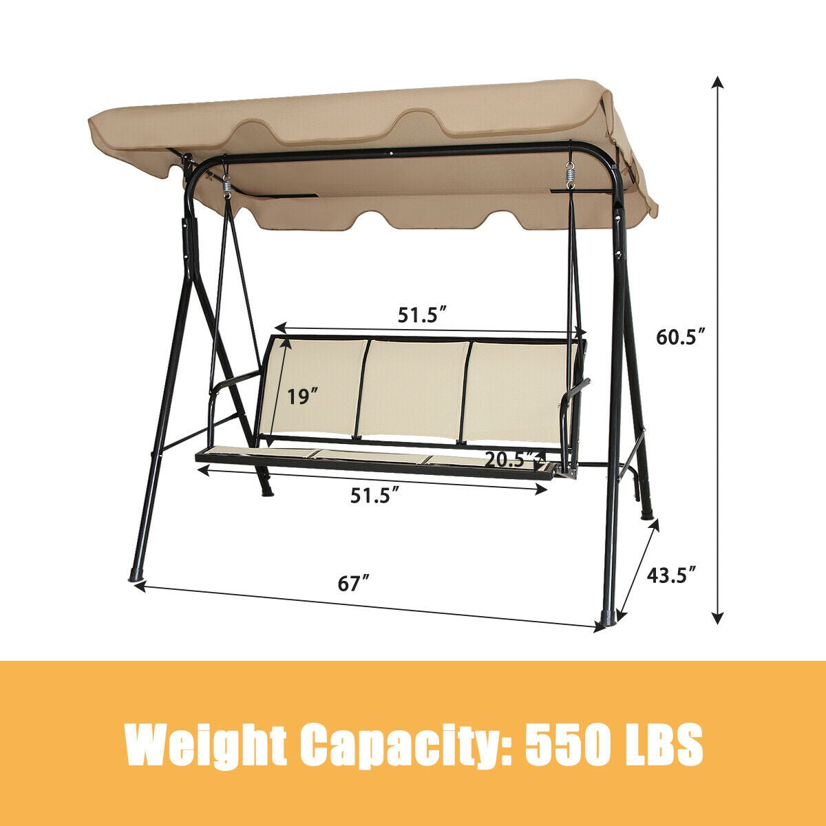 3 Person Steel Frame Patio Swing with Polyester Angle and Adjustable Canopy, Brown Porch Swings at Gallery Canada