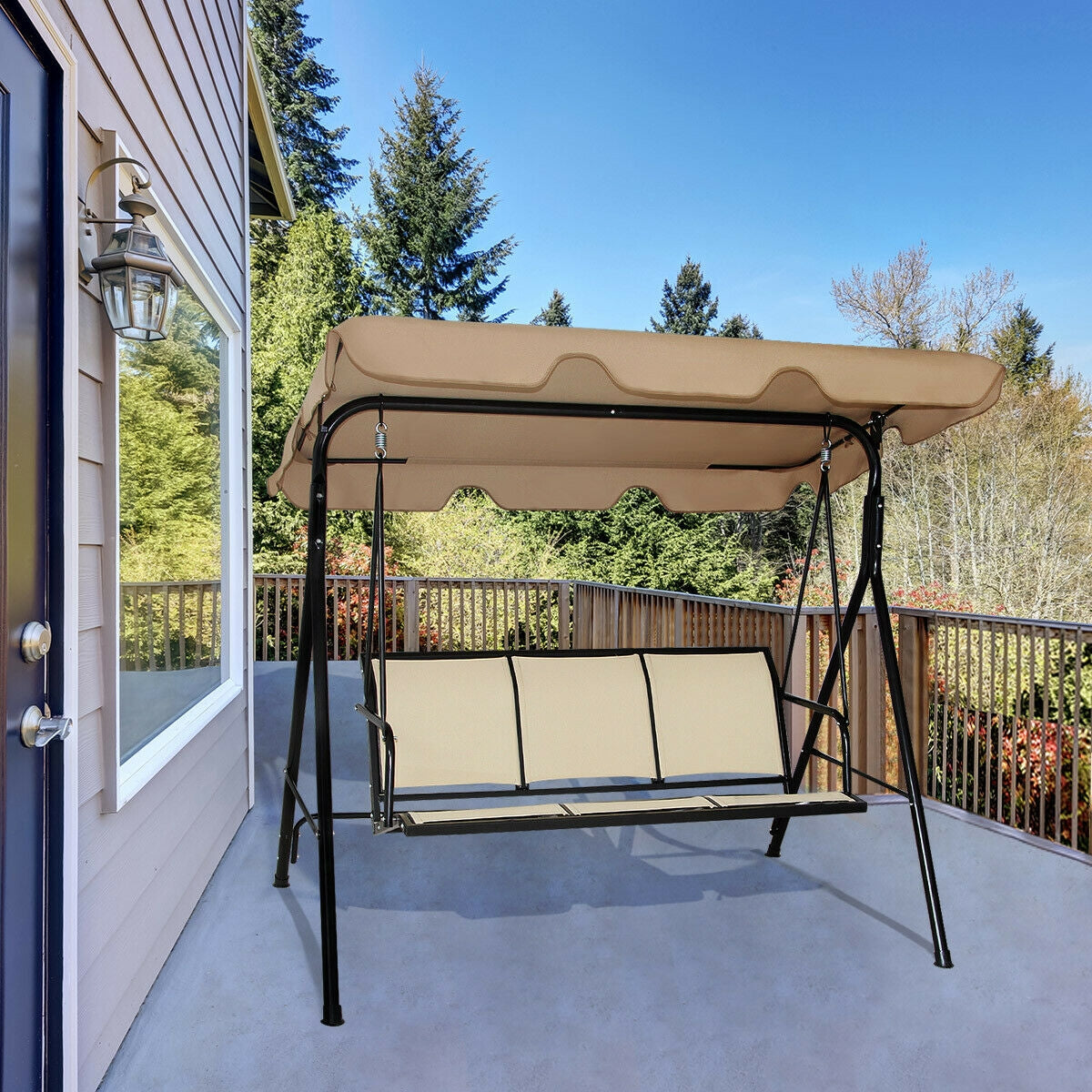 3 Person Steel Frame Patio Swing with Polyester Angle and Adjustable Canopy, Brown Porch Swings at Gallery Canada