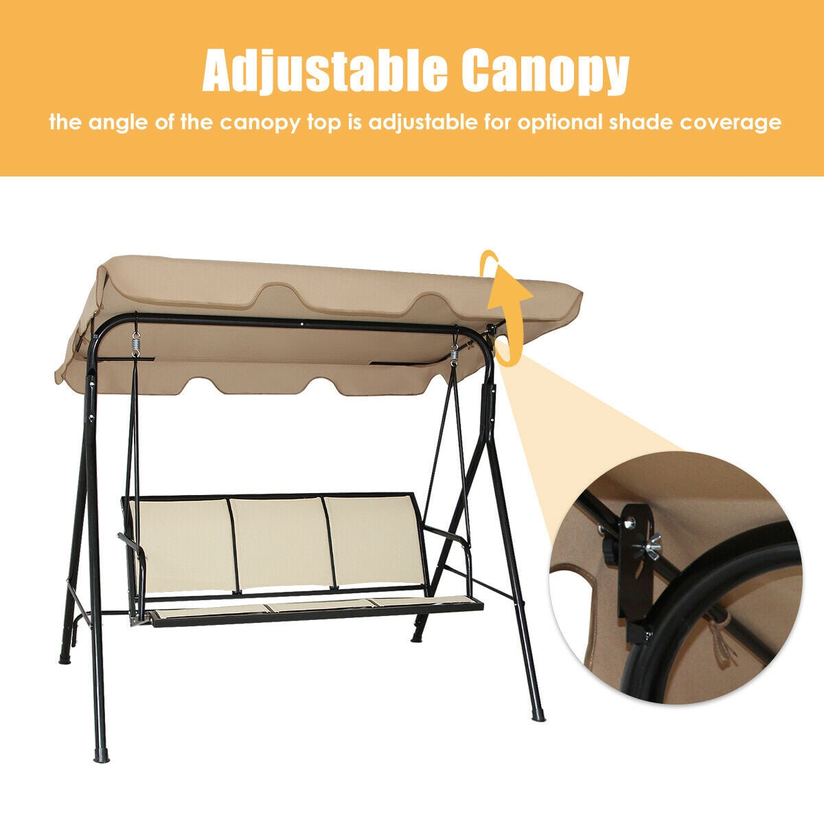 3 Person Steel Frame Patio Swing with Polyester Angle and Adjustable Canopy, Brown Porch Swings at Gallery Canada