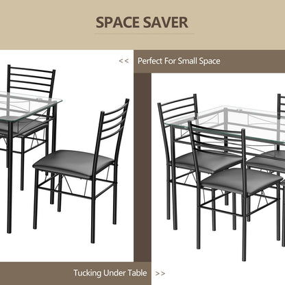 5 Pieces Dining Set with Tempered Glass Top Table and 4 Upholstered Chairs, Black - Gallery Canada