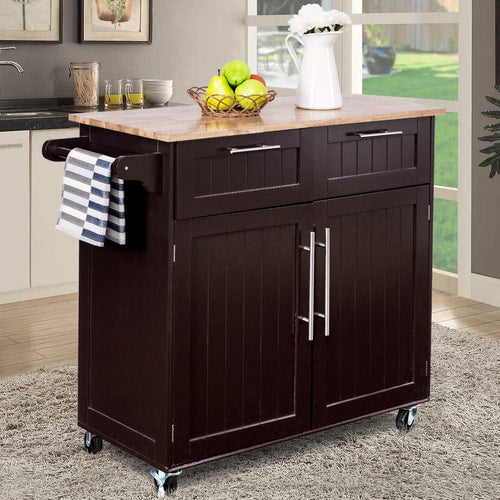 Heavy Duty Rolling Kitchen Cart with Tower Holder and Drawer, Brown