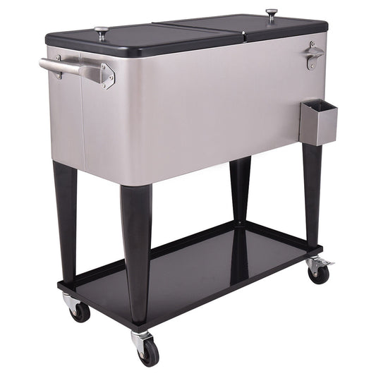 80 Quart Patio Rolling Stainless Steel Ice Beverage Cooler, Gray