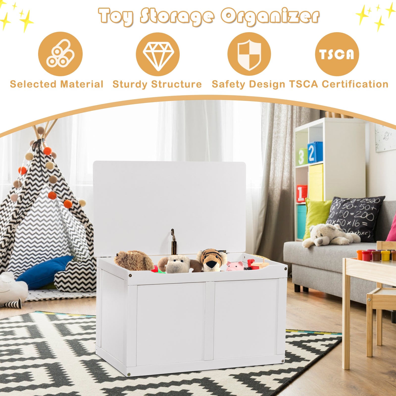 Safety Hinge Wooden Chest Organizer Toy Storage Box, White Kids Storage at Gallery Canada