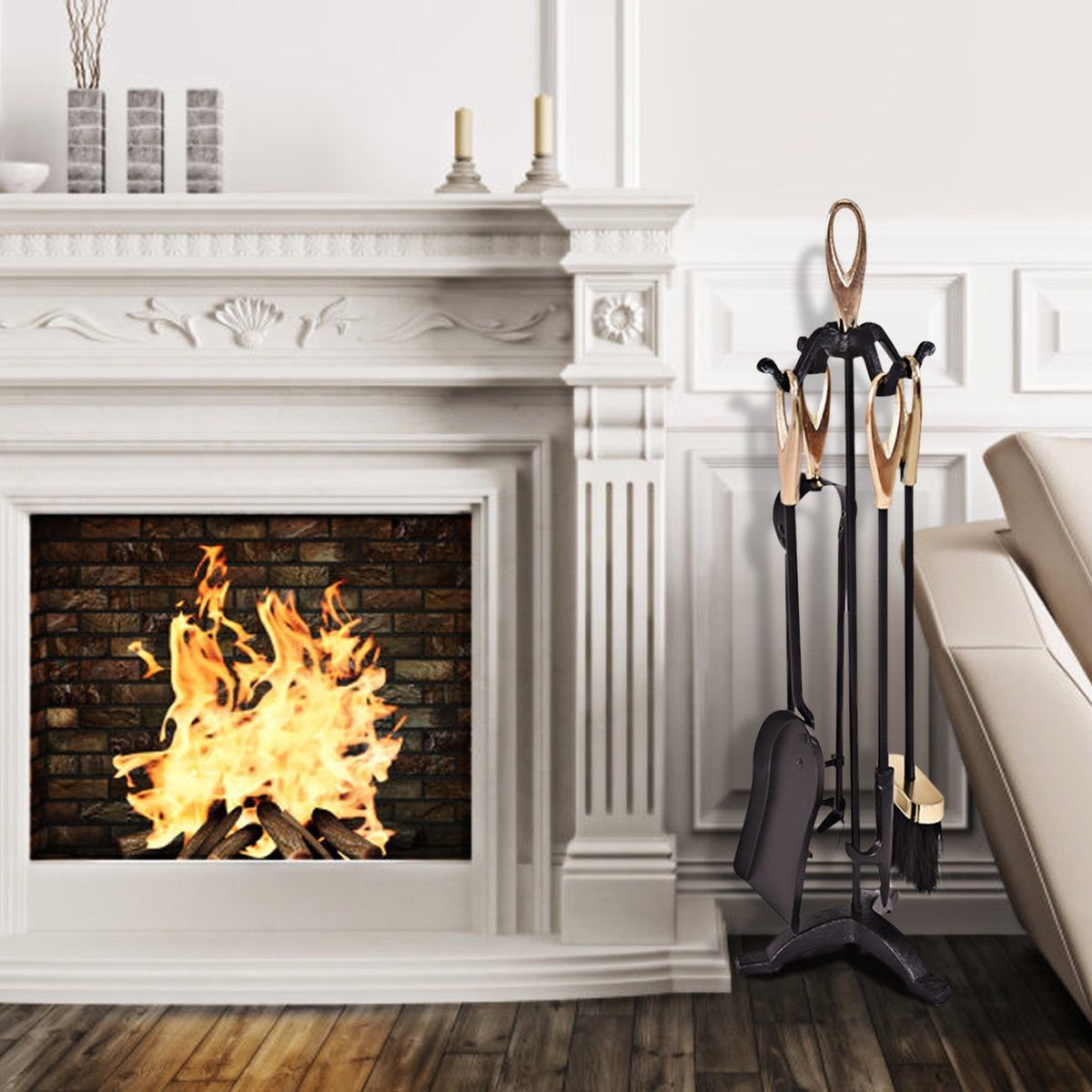 5 Pieces Stylish Gold Iron Fireplace Tools Set, Golden at Gallery Canada