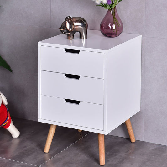 White Wood Side End Table Nightstand W/3 Drawers Mid-Century Accent, White - Gallery Canada