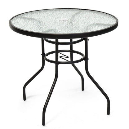 32 Inch Patio Tempered Glass Steel Frame Round Table with Convenient Umbrella Hole, Black - Gallery Canada