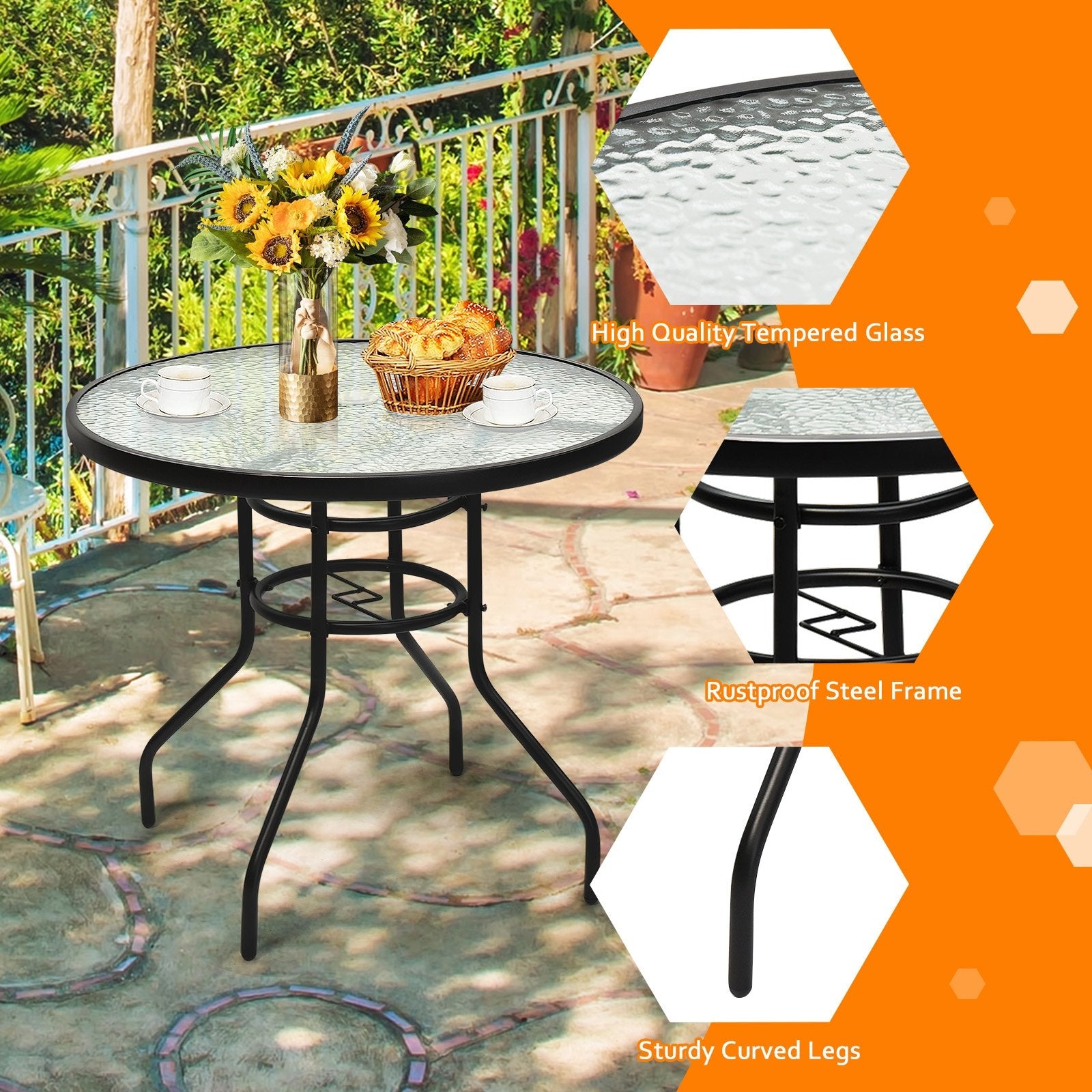 32 Inch Patio Tempered Glass Steel Frame Round Table with Convenient Umbrella Hole, Black - Gallery Canada