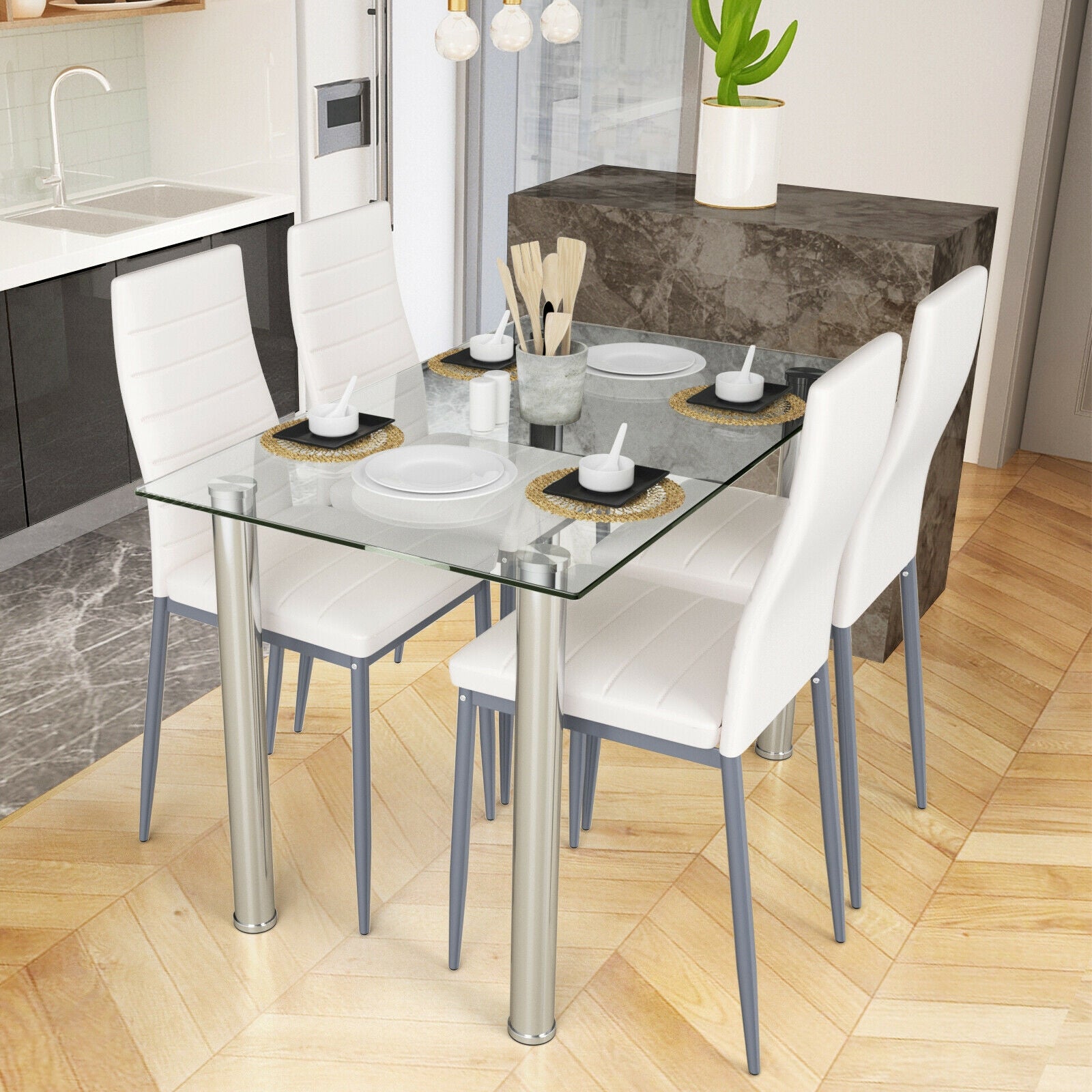 5 Pieces Dining Set with 4 PVC Leather Chairs, White Dining Room Sets at Gallery Canada