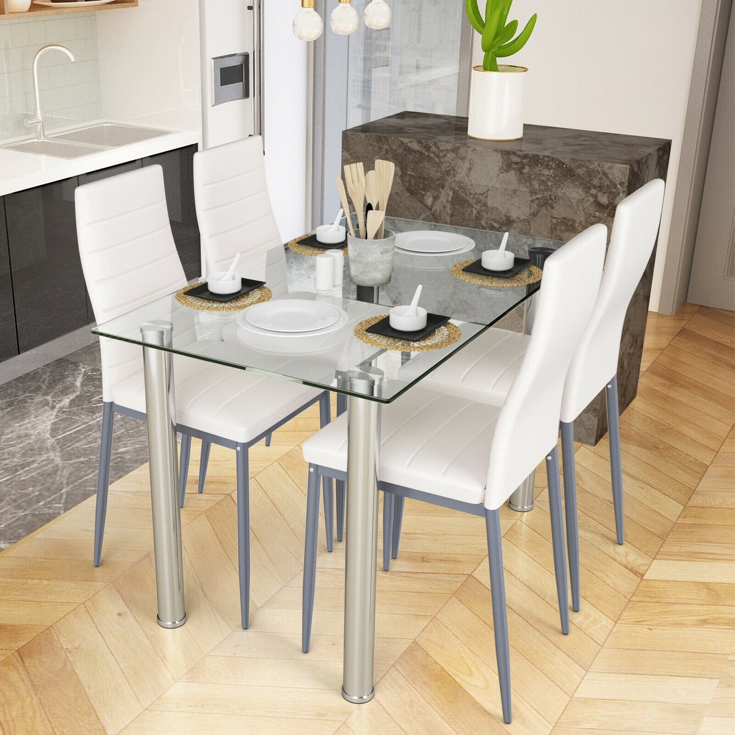 5 Pieces Dining Set with 4 PVC Leather Chairs, White Dining Room Sets at Gallery Canada