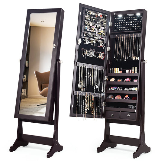 Lockable Mirrored Jewelry Cabinet with Stand and Led Lights, Brown - Gallery Canada