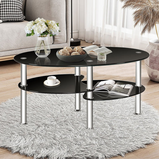 Tempered Glass Oval Side Coffee Table, Black - Gallery Canada