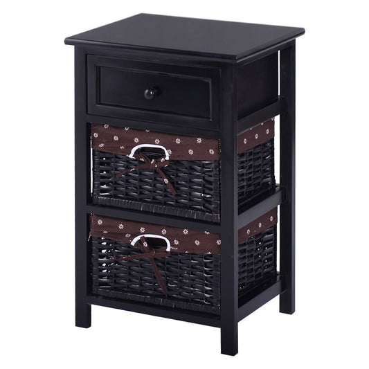 3 Tiers Wooden Storage Nightstand with 2 Baskets and 1 Drawer-black, Black - Gallery Canada