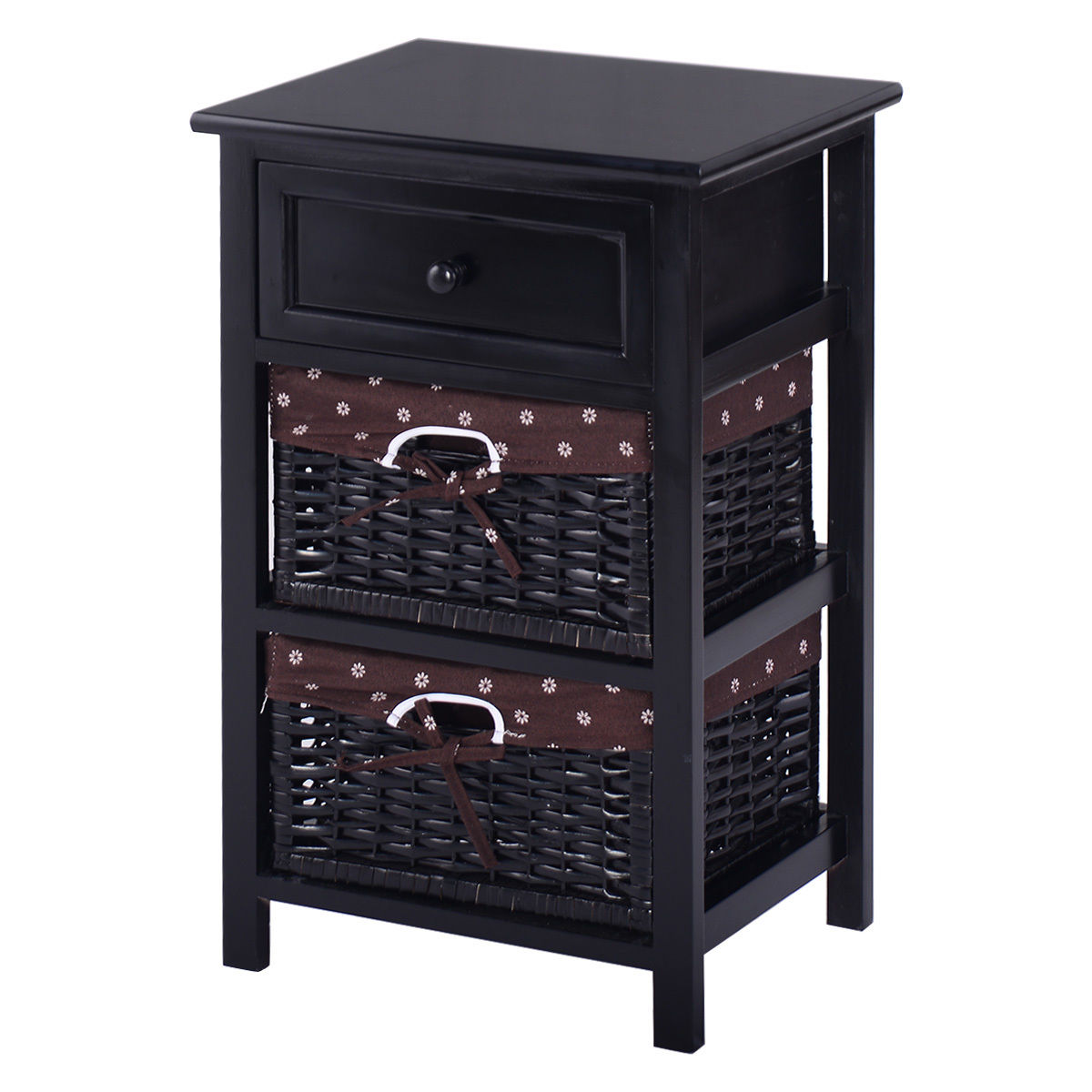 3-Tier Wooden Nightstand, 2 Baskets, 1 Drawer, Black Nightstands Black at Gallery Canada