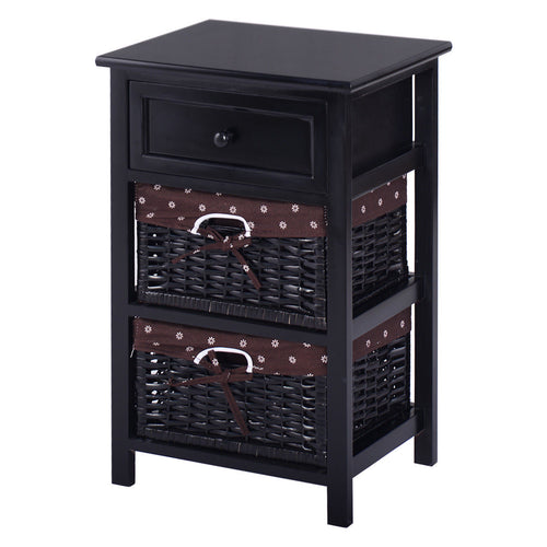 3-Tier Wooden Nightstand, 2 Baskets, 1 Drawer, Black