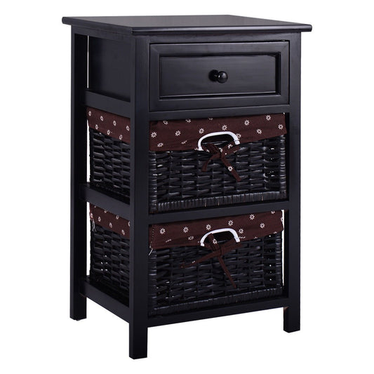 3 Tiers Wooden Storage Nightstand with 2 Baskets and 1 Drawer-black, Black - Gallery Canada