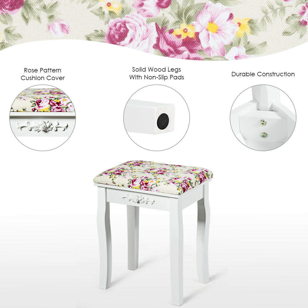 Vanity Wood Dressing Stool Padded Piano Seat with Rose Cushion, White Makeup Vanities at Gallery Canada