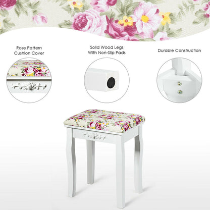 Vanity Wood Dressing Stool Padded Piano Seat with Rose Cushion, White Makeup Vanities at Gallery Canada