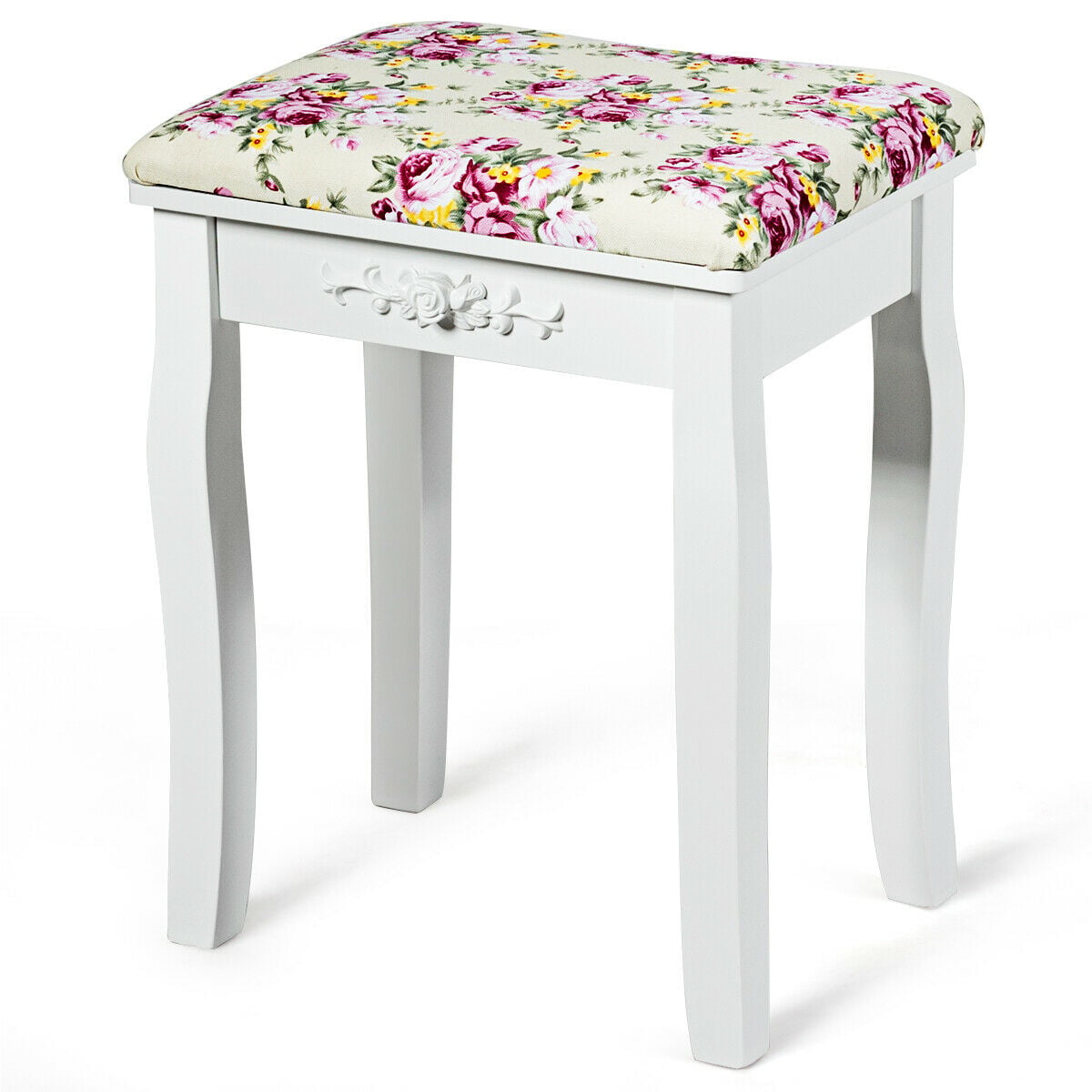 Vanity Wood Dressing Stool Padded Piano Seat with Rose Cushion, White Makeup Vanities at Gallery Canada