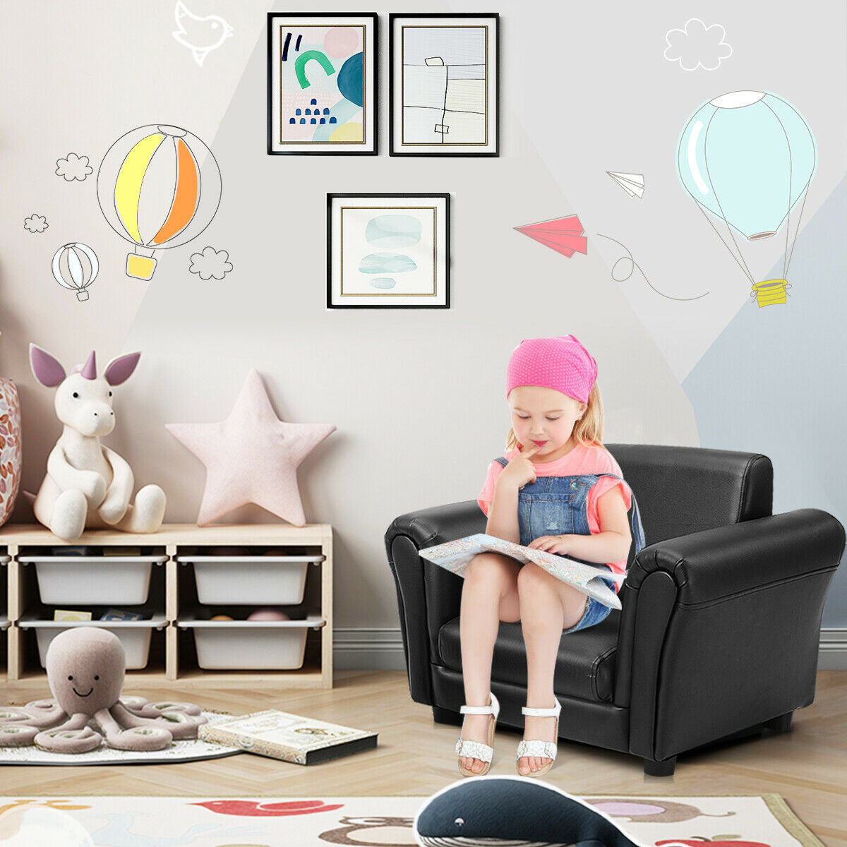 Black Kids Single Armrest Couch Sofa with Ottoman, Black Kids Chairs & Seating at Gallery Canada
