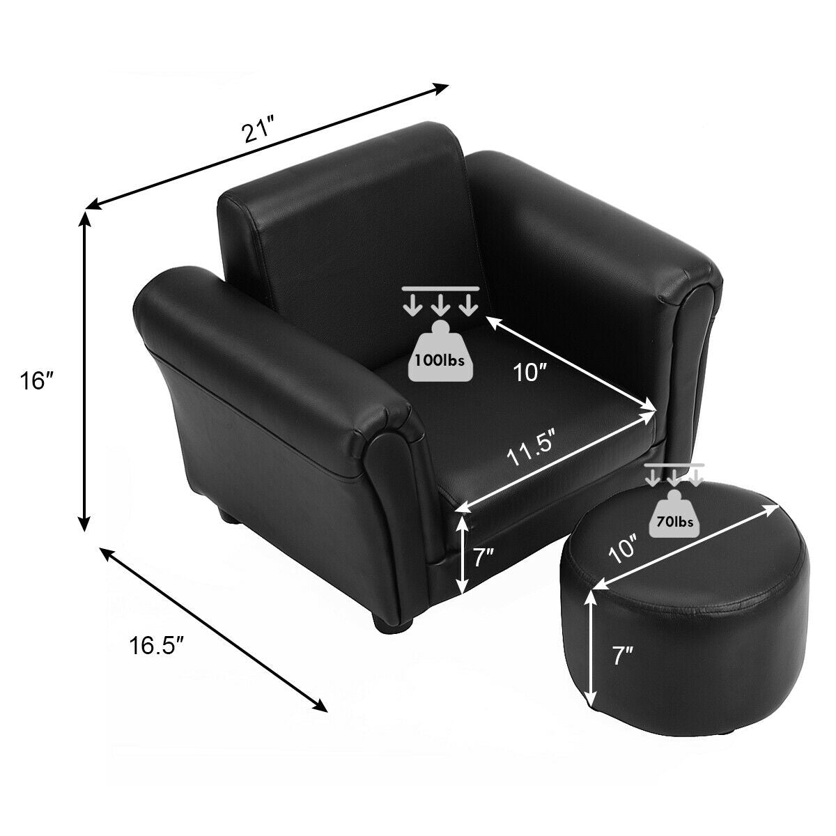 Black Kids Single Armrest Couch Sofa with Ottoman, Black Kids Chairs & Seating at Gallery Canada