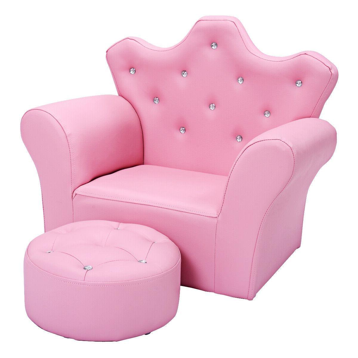 Children Upholstered Princess Sofa With Ottoman, Diamond Decoration, Pink