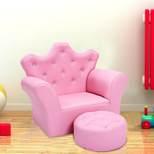 Children Upholstered Princess Sofa with Ottoman and Diamond Decoration for Boys and Girls, Pink Kids Chairs & Seating Pink at Gallery Canada