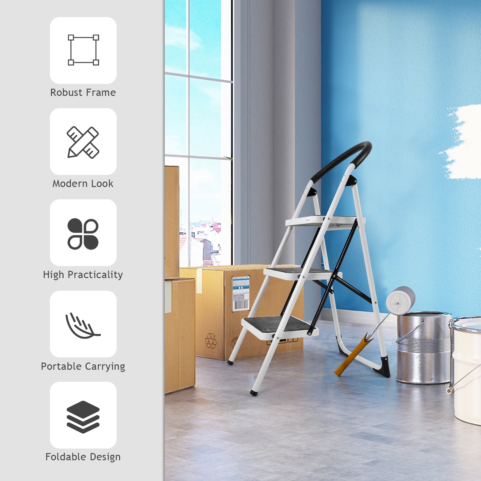 Heavy Duty Industrial Lightweight Folding Stool 3 Step Ladder, Black Ladders at Gallery Canada