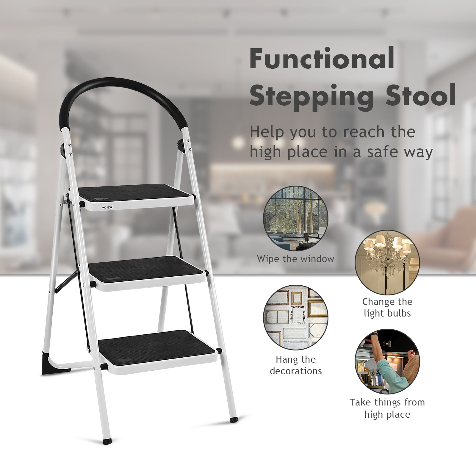 Heavy Duty Industrial Lightweight Folding Stool 3 Step Ladder, Black Ladders at Gallery Canada