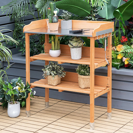 Garden Wooden Potting Bench Work Station with Hook, Brown - Gallery Canada