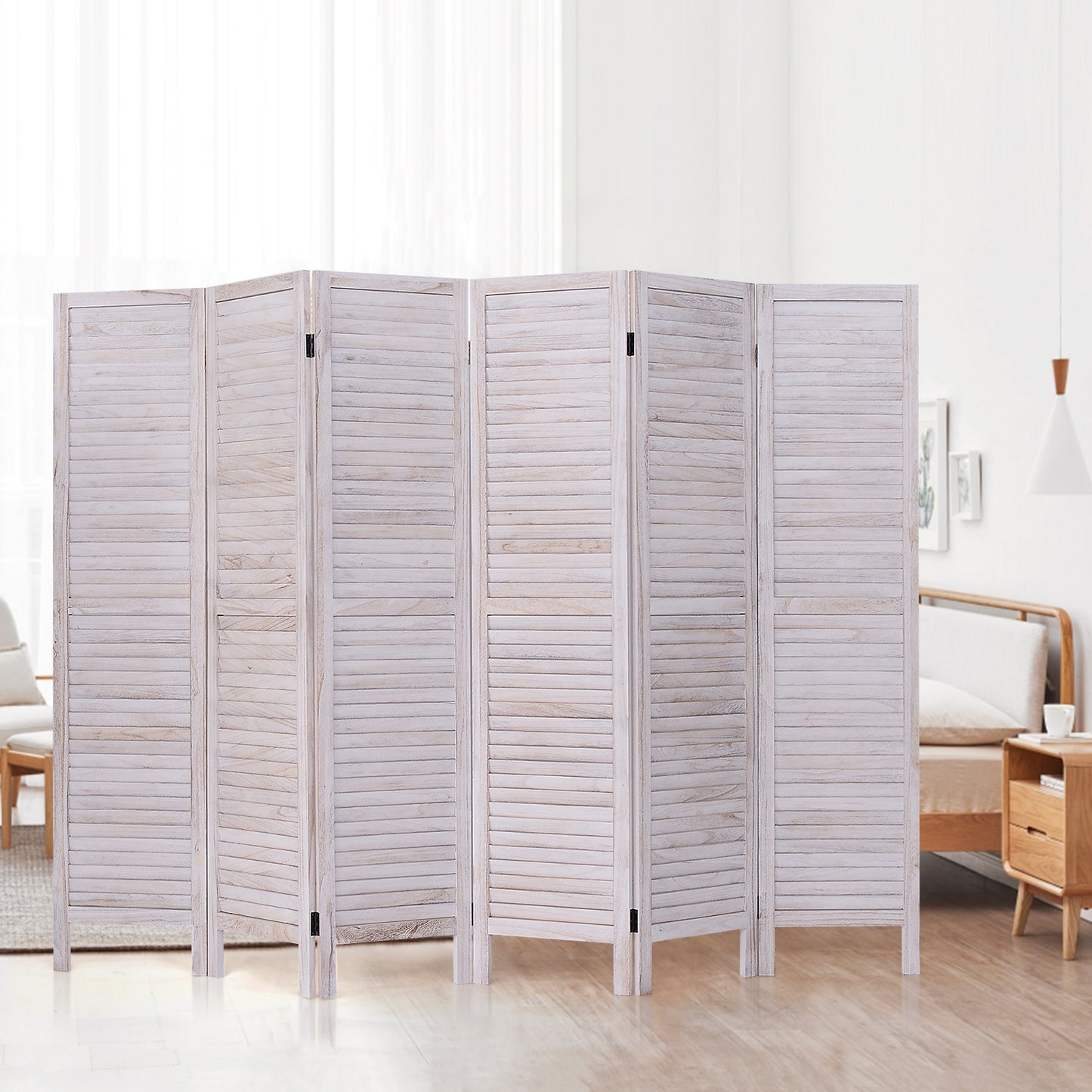 6 Panels Classic Venetian Wooden Slat Room Screen, White Room Dividers at Gallery Canada