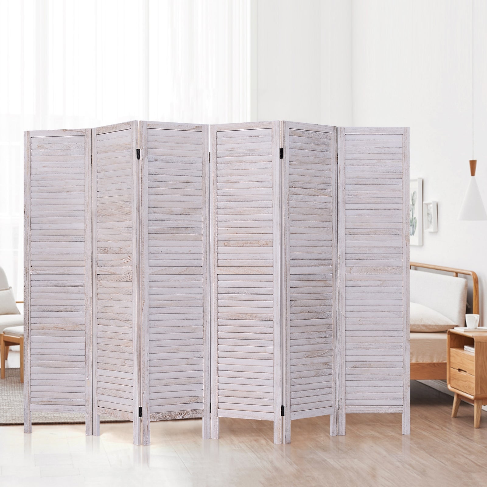 6 Panels Classic Venetian Wooden Slat Room Screen, White Room Dividers at Gallery Canada